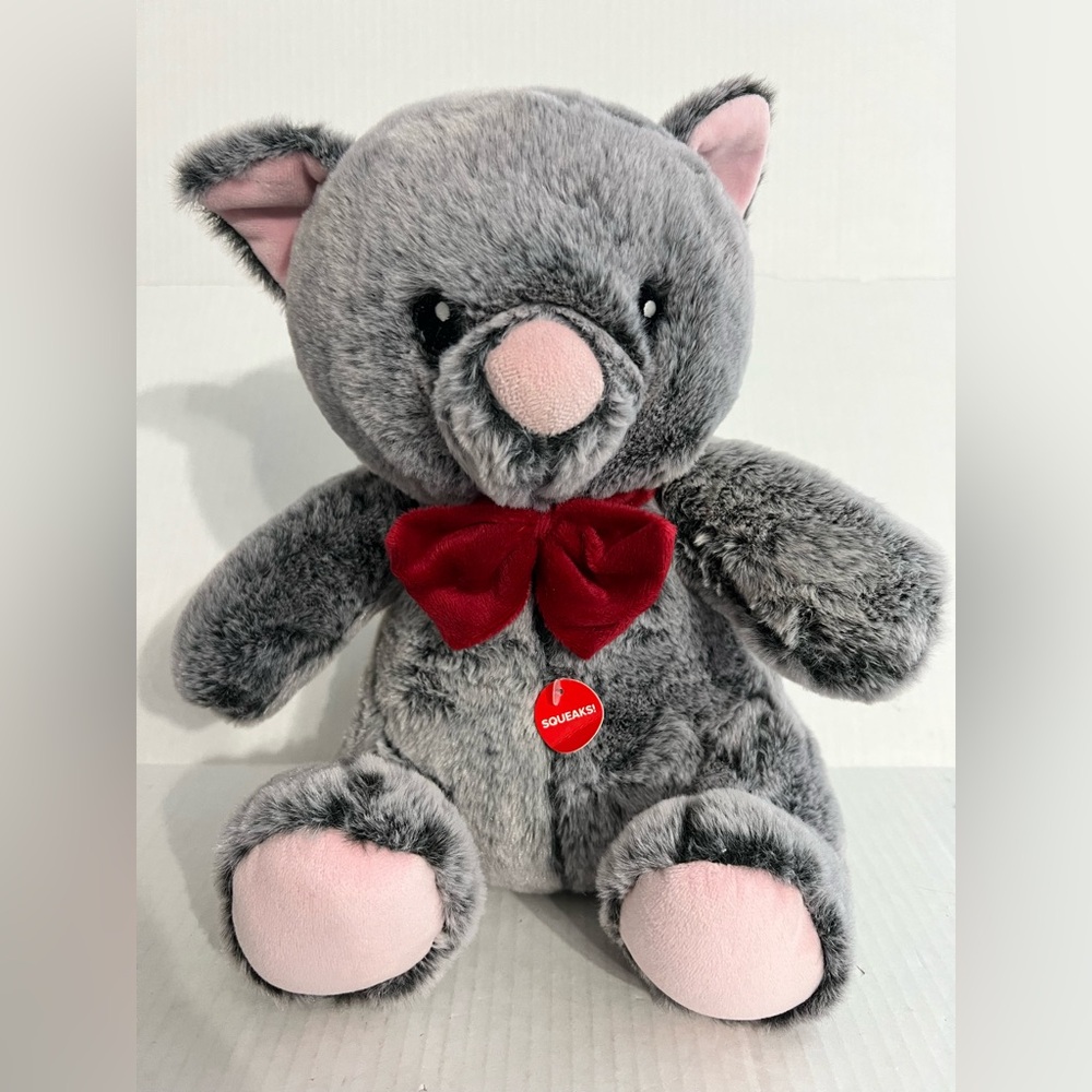 Pacific Coast Gray Plush Teddy Bear with Red Bow & Squeaks